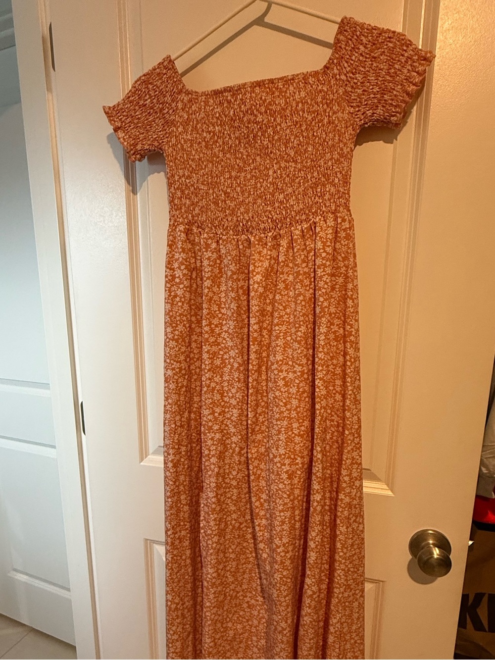 SHEIN Peach Colored Floral Smocked Maxi Dress Off Shoulder M